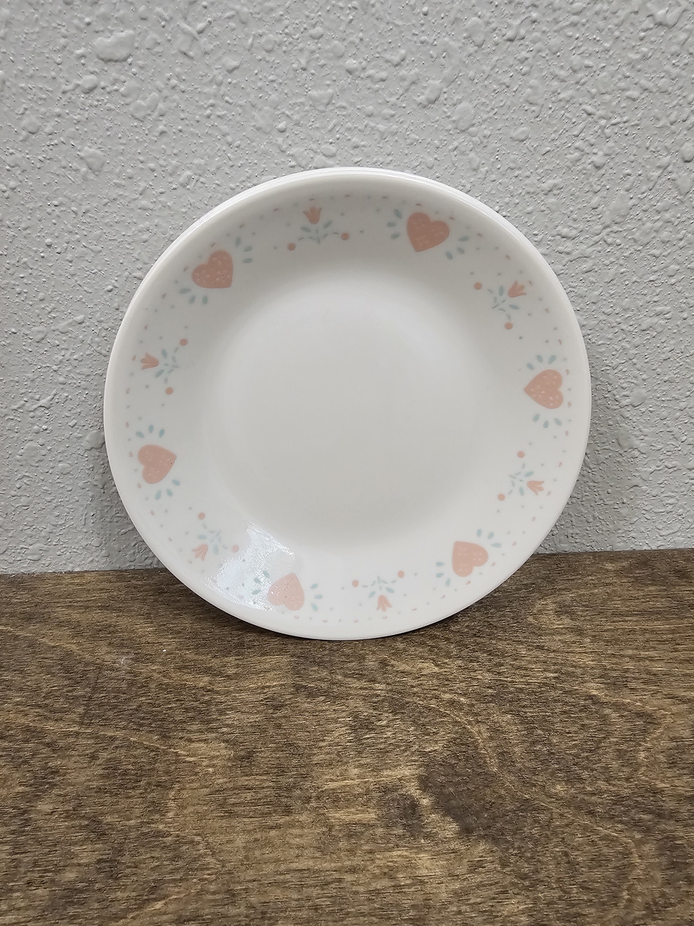 5 Corelle White Dessert Plate with Pink Heart and Blue Dot Accents